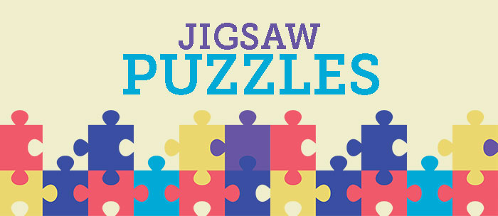Differen colour puzzle pieces at the bottom, the word "Jigsaw Puzzle" on top