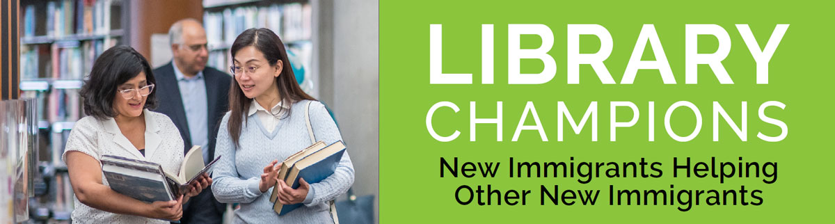 Library Champions banner: Two people talking at the Library