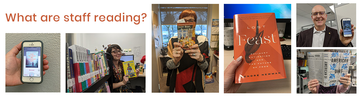 Collage of book covers and people holding books or their phones